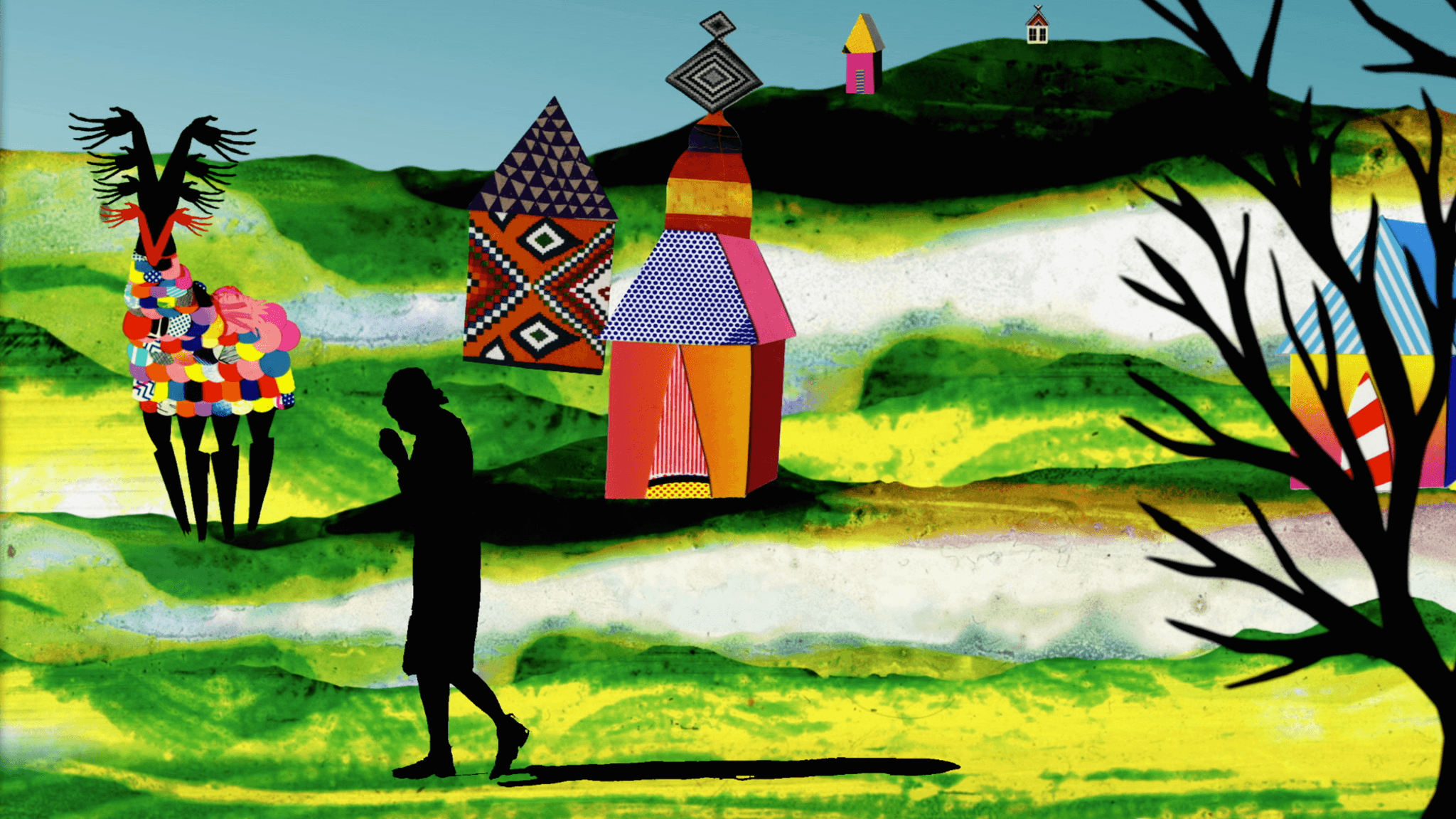 In Maya Erdelyi's work, a black silhouette of a figure appears in front of a bright green landscape.