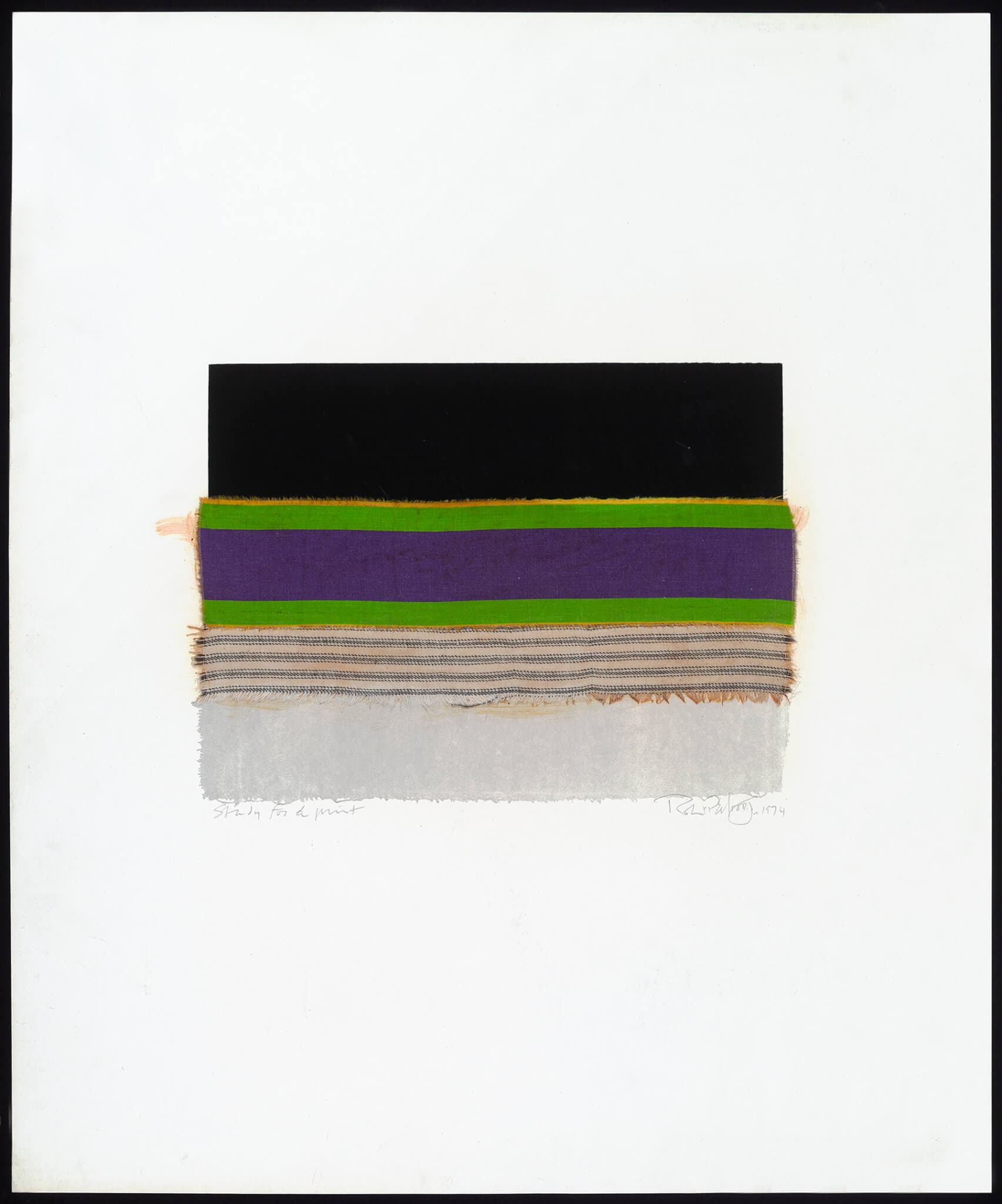 An image of Study for a print, silkscreen with chine colle. Black, green, purple, grey, and orange horizontal rectangles of different heights are stacked on top of each other in the middle of an off-white background.